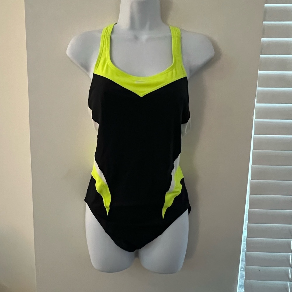Nike Black and Neon Yellow One-Piece Swimsuit